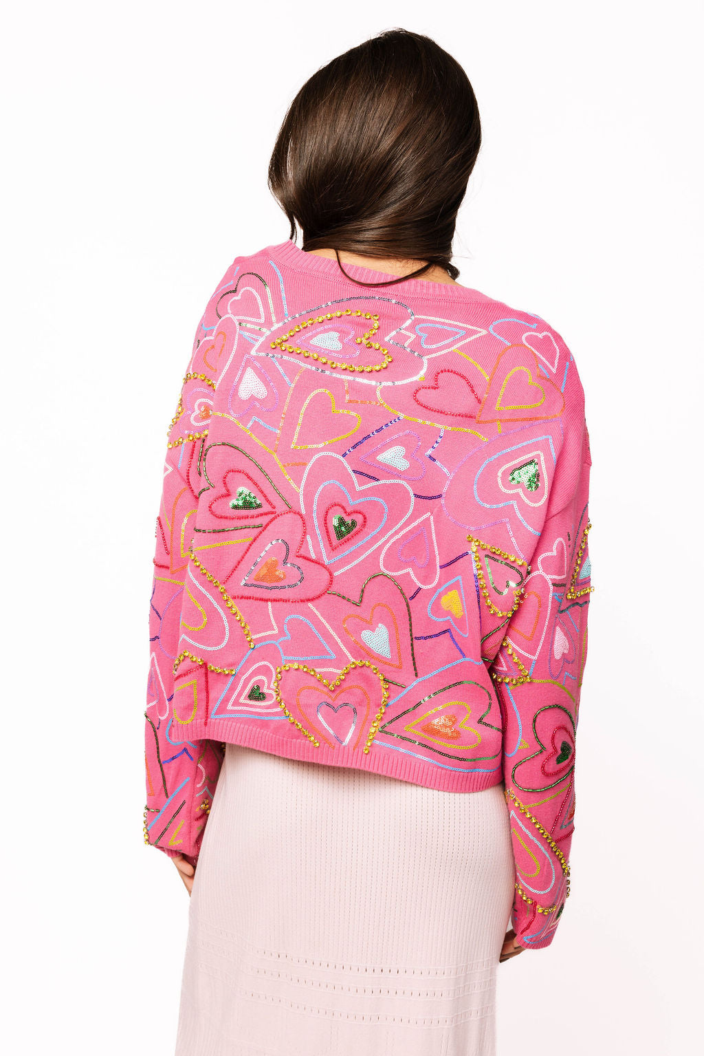 Queen of Sparkles Multi Groovy Heart Tie Up Sweater in hot pink at ooh la la! in Grapevine TX 76051