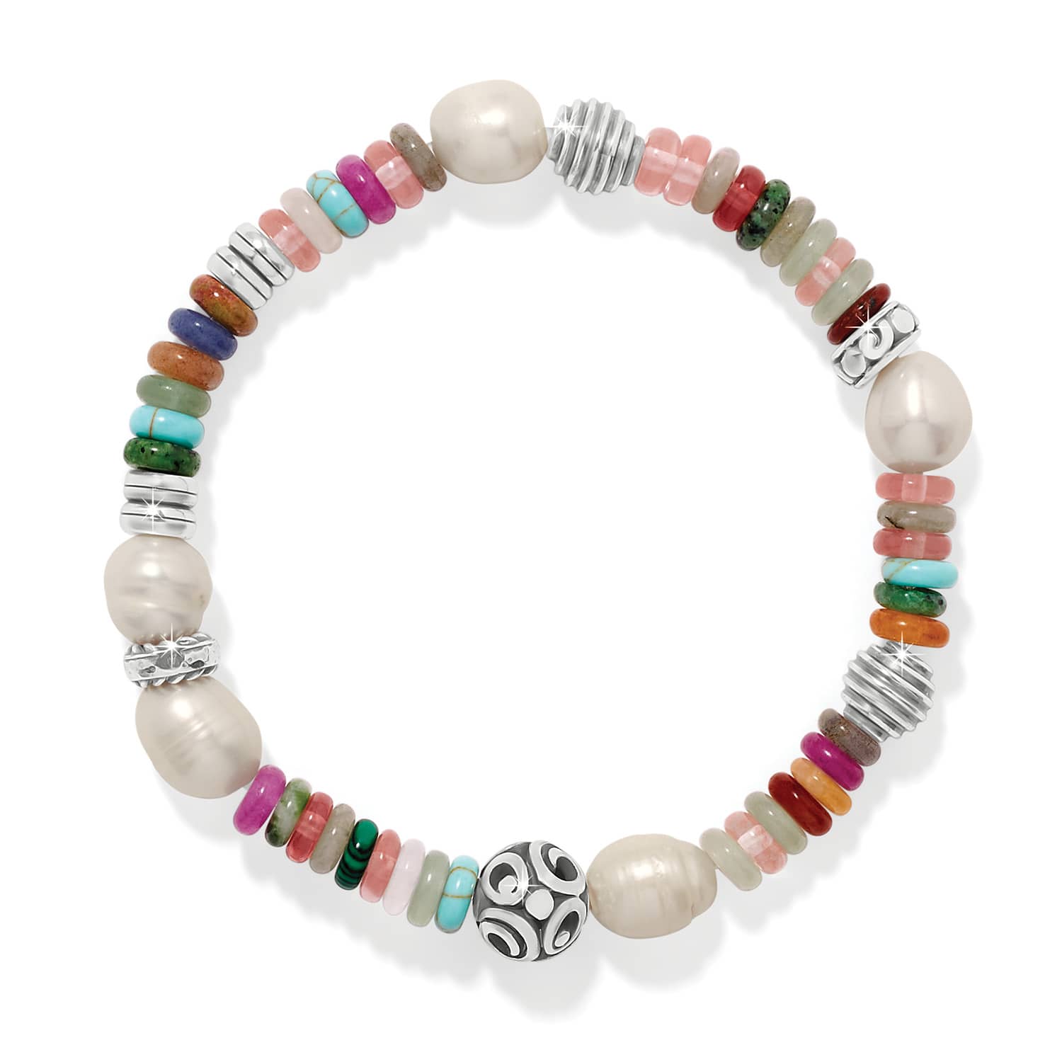 Brighton Vertigo Hues Stretch Bracelet featuring multicolor gemstone beads, freshwater pearls, and silver accents