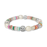 Brighton Vertigo Hues Stretch Bracelet featuring multicolor gemstone discs, cream pearls, and silver beads