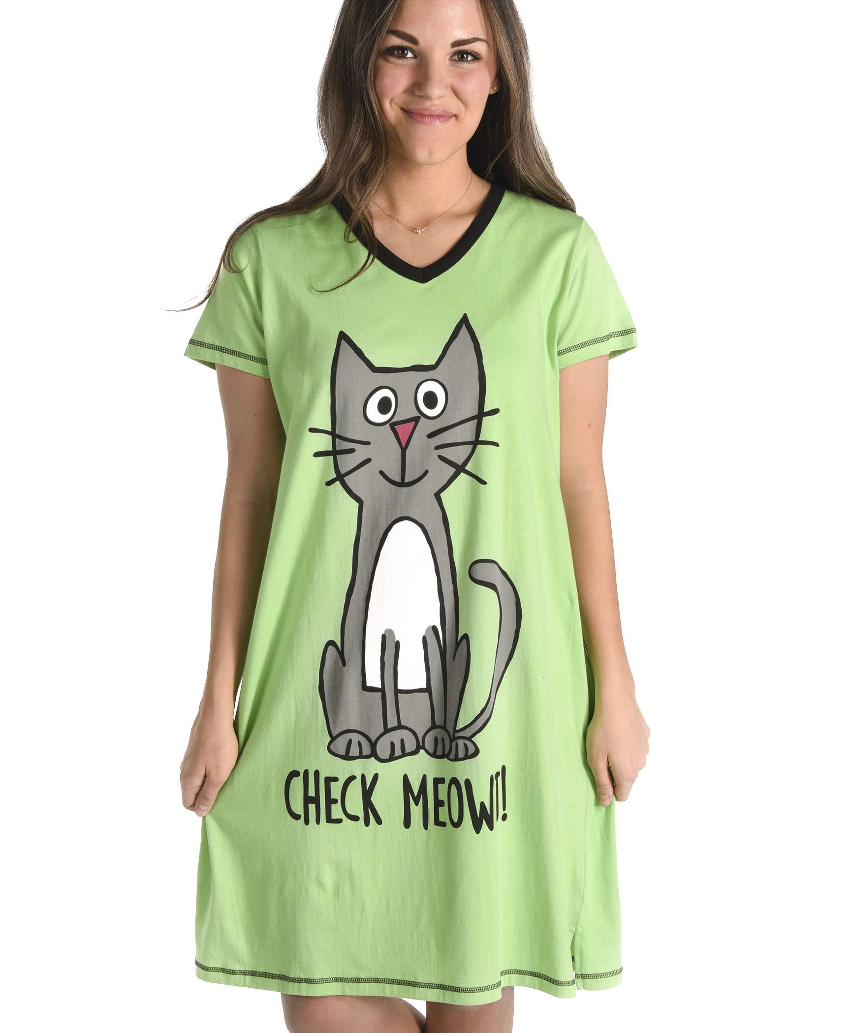 Lazy One V-neck Nightshirt - Check Meowt Cat
