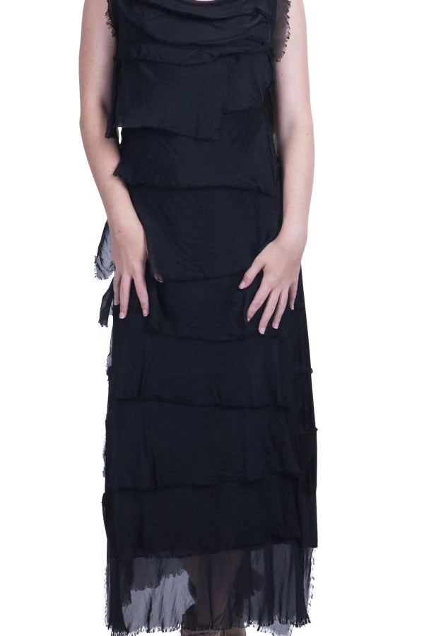 Long Silk Ruffle Dress - Black