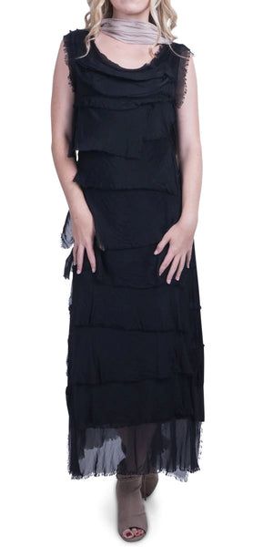 Long Silk Ruffle Dress - Black