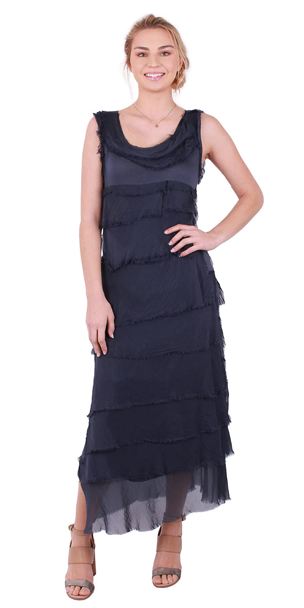 Long Silk Ruffle Dress - Navy