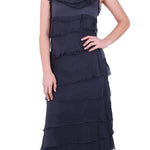 Long Silk Ruffle Dress - Navy