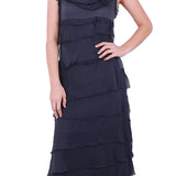 Long Silk Ruffle Dress - Navy
