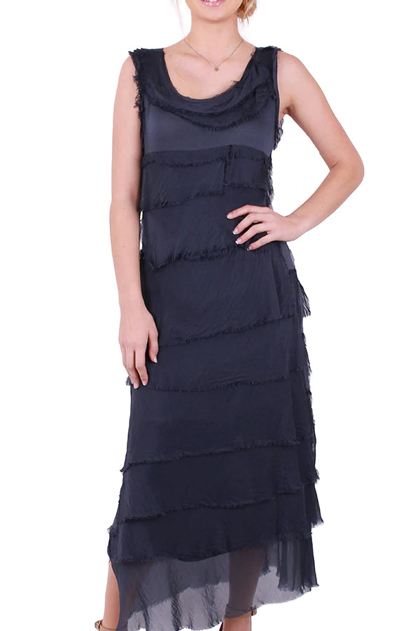 Long Silk Ruffle Dress - Navy