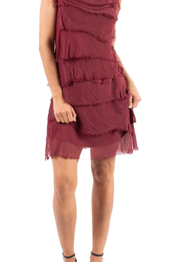Silk Ruffle Dress - Burgundy