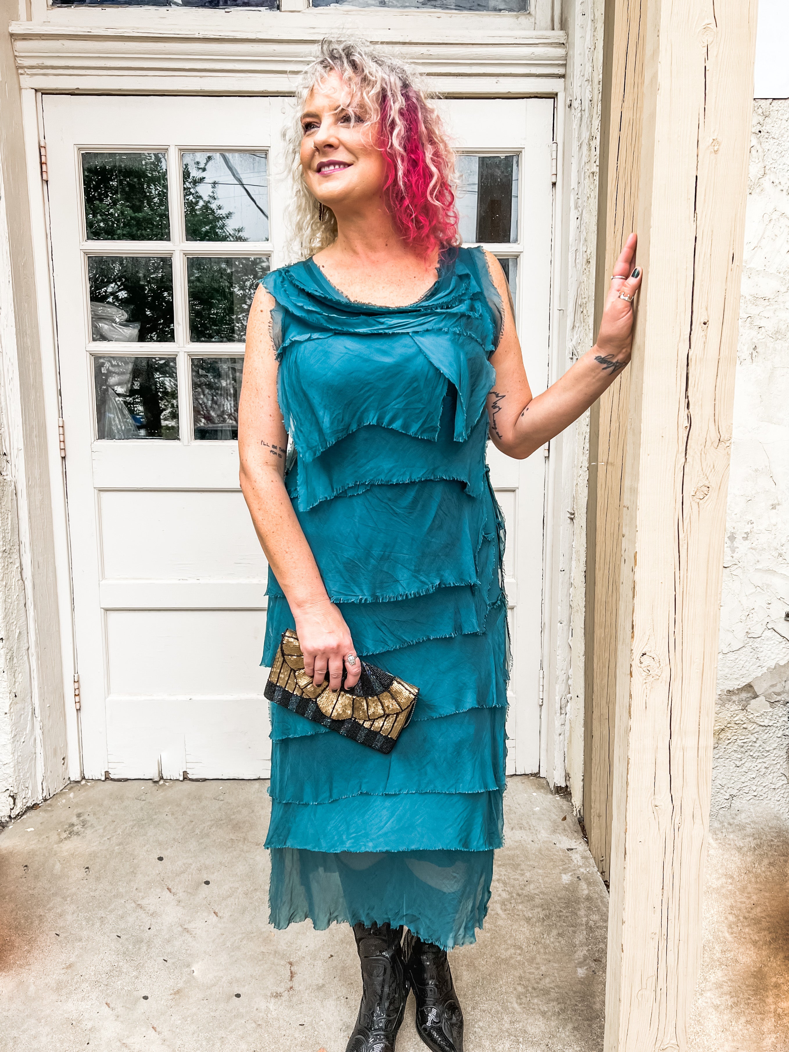 Long Silk Ruffle Dress in Assorted Colors